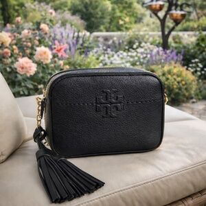 NEW Tory Burch Mcgraw Black Pebbled Leather Small Camera Crossbody Bag